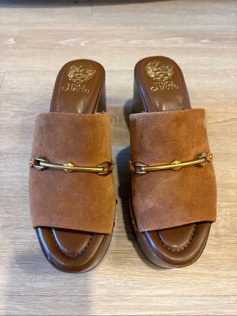 Vince Camuto Cognac Suede Slide Mules with Gold Accent